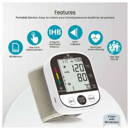 Easycare White Fully Automatic Wrist Blood Pressure Monitor With Cuff Wrapping Guide