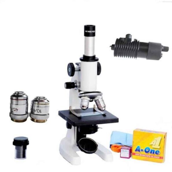 Labcare Export Metal White & Black 1000X Student Compound Microscope with LED Lamp Batteries & Blank Slide Kit