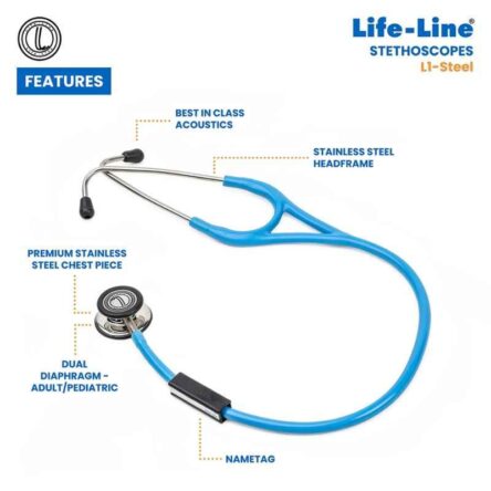 Lifeline Stainless Steel Light Blue Dual Side Diaphragm Chest Piece Stethoscope with 2 Way Tube