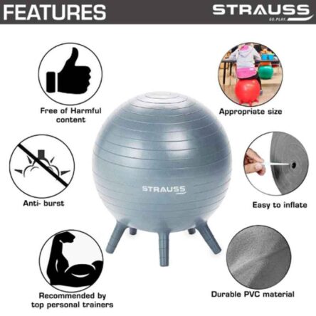 Strauss 26x24x12cm Rubber Round Grey Anti-Burst Gym Ball with Foot Pump