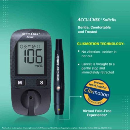 Accu-Chek Multicolour Active Blood Glucose Meter Kit with 10 Pcs Vial Strips & Lancets