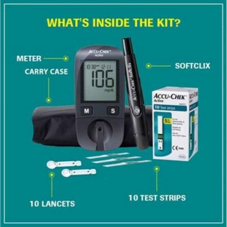 Accu-Chek Multicolour Active Blood Glucose Meter Kit with 10 Pcs Vial Strips & Lancets