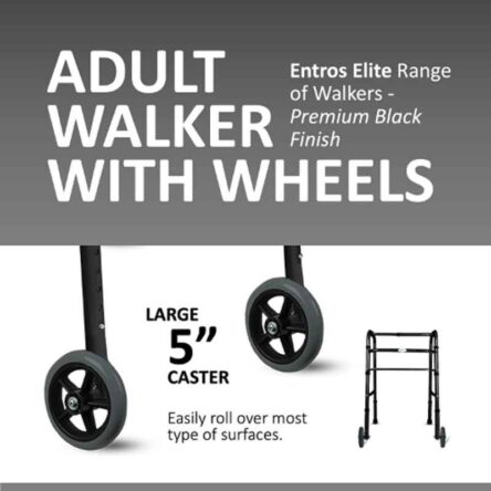 Entros Mild Steel Powder Coated Black Folding Walker with Wheels