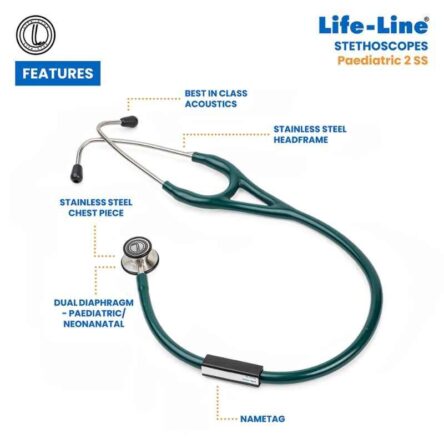 Lifeline Stainless Steel Green Dual Diaphragm Chest Piece Stethoscope with 2 Way Tube