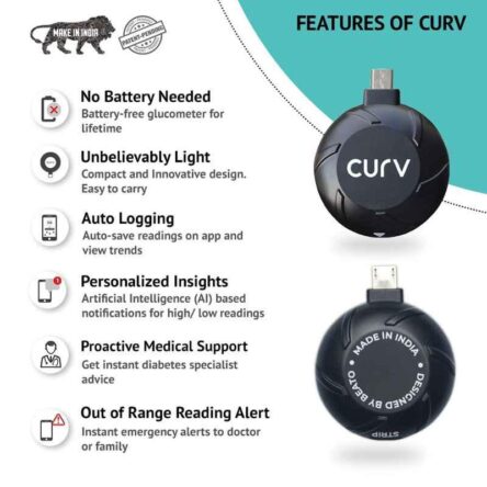 BeatO CURV Smartphone Connected Glucometer Machine with 50 Strips & 50 Lancets with Micro USB C Type Interface