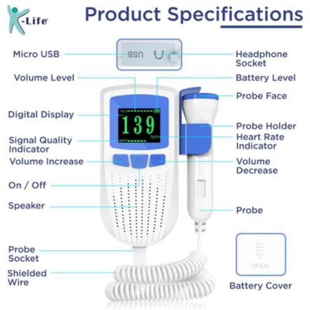 K-Life FD-101 White Heartbeat Rate Detection Monitor with In-Built Speaker Fetal Doppler