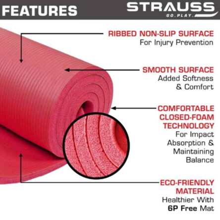 Strauss 61x10x8cm Polyvinyl Chloride Foam Red Yoga Mat with Carrying Strap