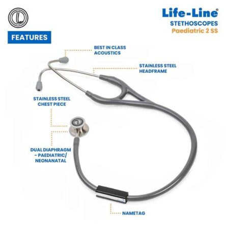 Lifeline Stainless Steel Grey Dual Diaphragm Chest Piece Stethoscope with 2 Way Tube
