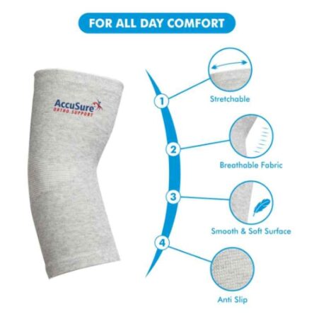 AccuSure Small Bamboo Yarn 4 Way Stretchable Bi-Layered Elbow Compression Support for Men & Women