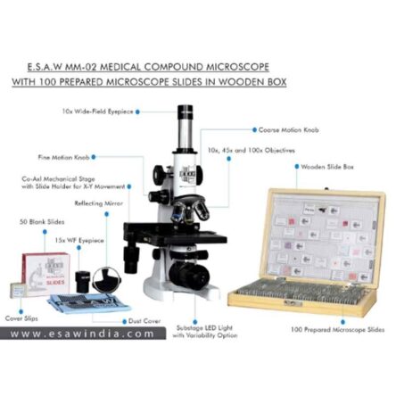 ESAW 100-1500x Compound Medical Microscope with 100 Prepared Microscopes Slides