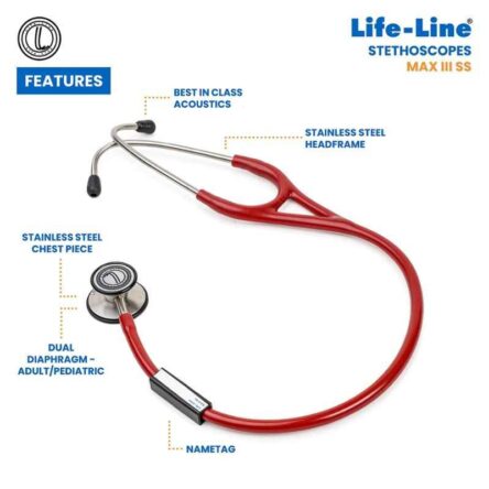 Lifeline Max III Stainless Steel Red Dual Side Diaphragm Chest Piece Stethoscope with 2 Way Tube