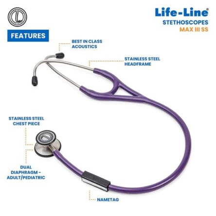 Lifeline Max III Stainless Steel Purple Dual Side Diaphragm Chest Piece Stethoscope with 2 Way Tube