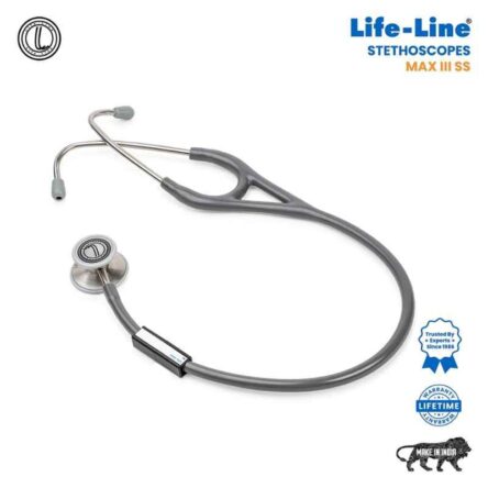 Lifeline Max III Stainless Steel Grey Dual Side Diaphragm Chest Piece Stethoscope with 2 Way Tube