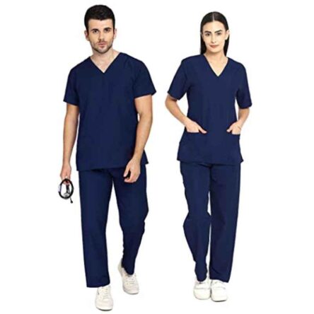 Indosurgicals Polyester & Cotton Navy Blue Faux Wrap Scrub Suit