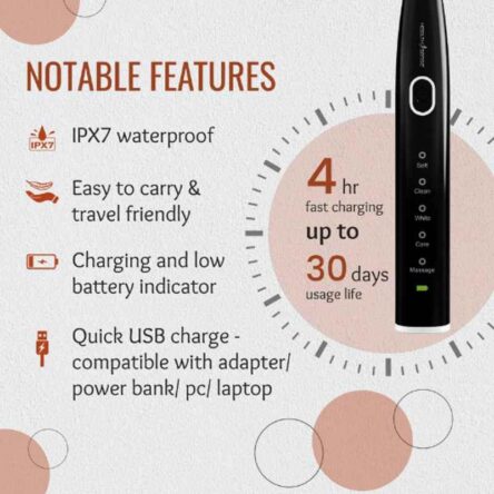 HealthSense Electric Toothbrush Rechargeable Sonic Brush for Adult with 4 Brush Heads