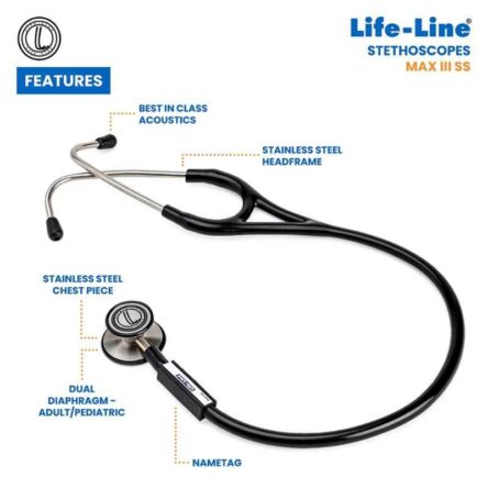Lifeline Max III Stainless Steel Black Dual Side Diaphragm Chest Piece Stethoscope with 2 Way Tube