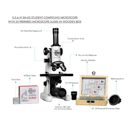 ESAW SM-02 100-675x Student Compound Biological Microscope with 25 Prepared Microscope Slides