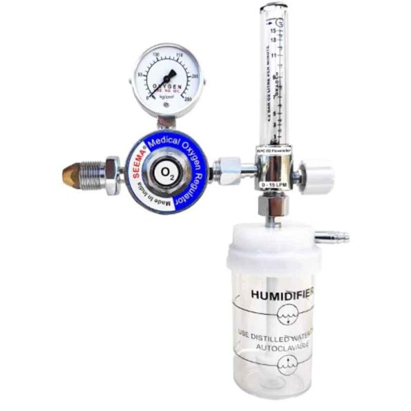 Seema 4 Bar Grey Single Stage Single Gauge Medical Oxygen Gas Regulator with BPC Flowmeter & Humidifier