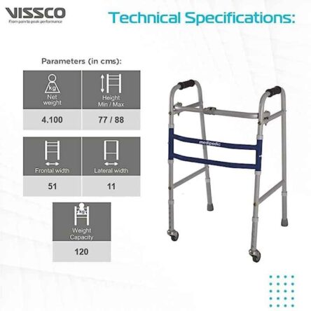 Vissco Medipedic Mild Steel Grey Double Bar Walker with Rotating Castor