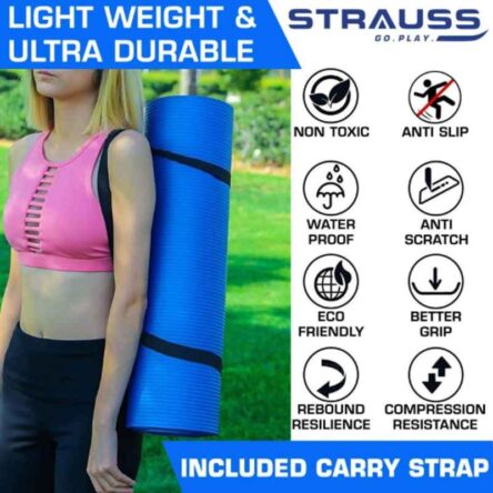 Strauss 61x10x8cm Polyvinyl Chloride Foam Blue Yoga Mat with Carrying Strap