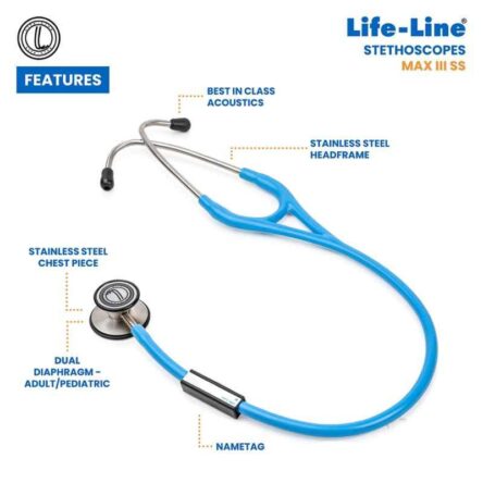 Lifeline Max III Stainless Steel Light Blue Dual Side Diaphragm Chest Piece Stethoscope with 2 Way Tube