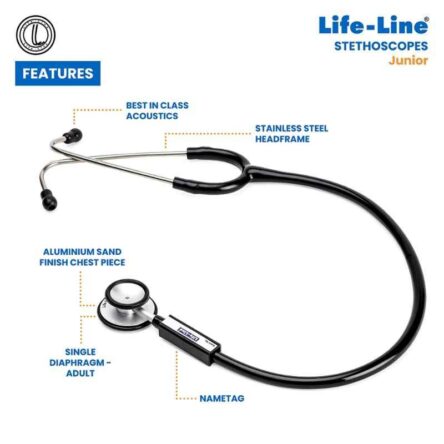 Lifeline Aluminium Black Single Diaphragm Chest Piece Stethoscope with 2 Way Tube