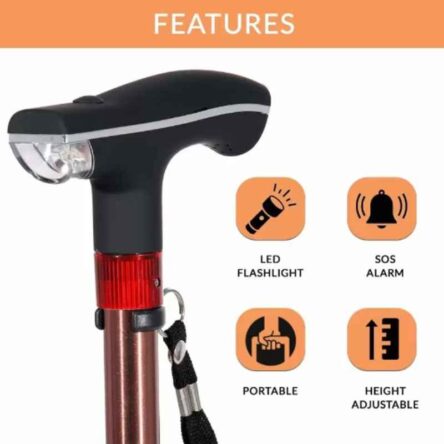 Divine Medicare 84.5cm Brown Aluminium Four Leg Folding Walking Stick with LED Light