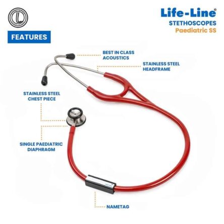 Lifeline Stainless Steel Red Single Side Diaphragm Chest Piece Stethoscope with 2 Way Tube