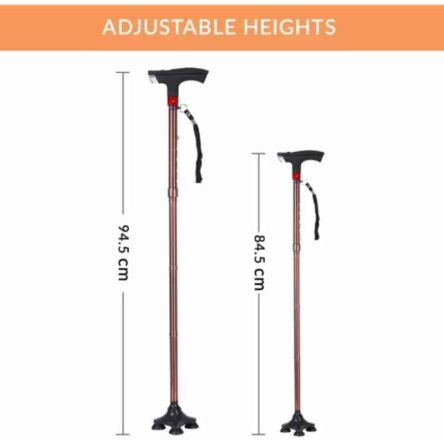 Divine Medicare 84.5cm Brown Aluminium Four Leg Folding Walking Stick with LED Light