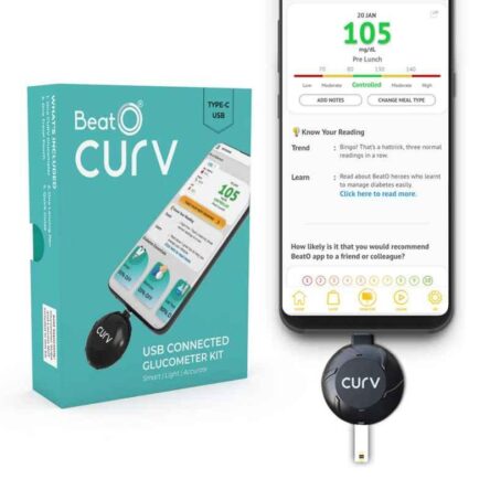 BeatO CURV Smartphone Connected Glucometer Machine with 50 Strips & 50 Lancets with Micro USB C Type Interface