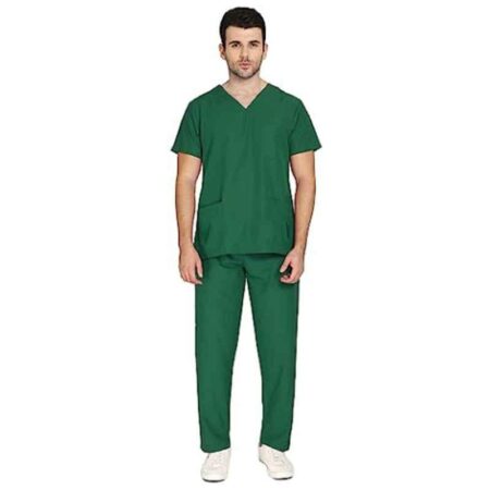 Indosurgicals Polyester & Cotton Bottle Green Faux Wrap Scrub Suit