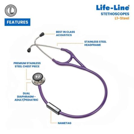 Lifeline Stainless Steel Purple Dual Side Diaphragm Chest Piece Stethoscope with 2 Way Tube