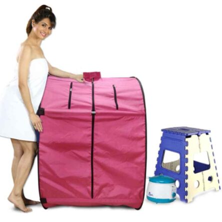 Kawachi 750W Pink Portable Steam Sauna Bath for Health & Beauty Spa at Home with Folding Stool