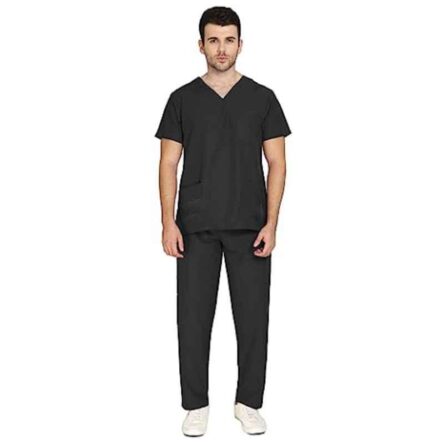 Indosurgicals Polyester & Cotton Black Faux Wrap Scrub Suit