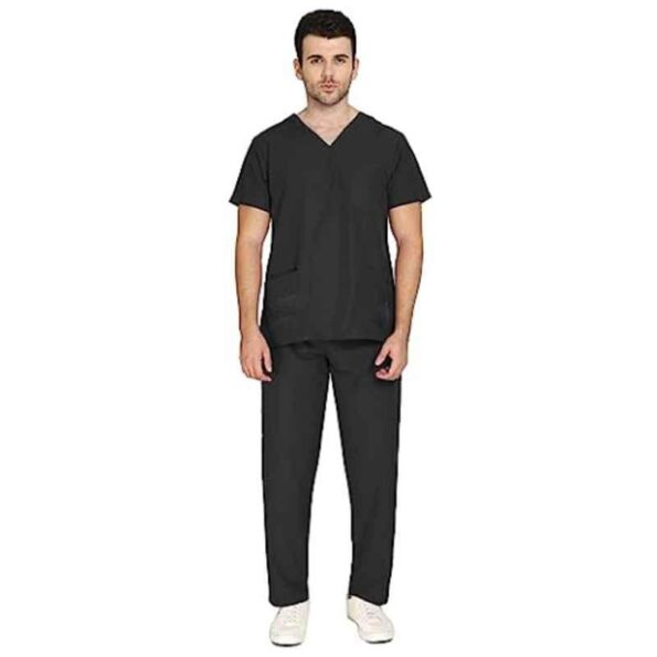 Indosurgicals Polyester & Cotton Black Faux Wrap Scrub Suit