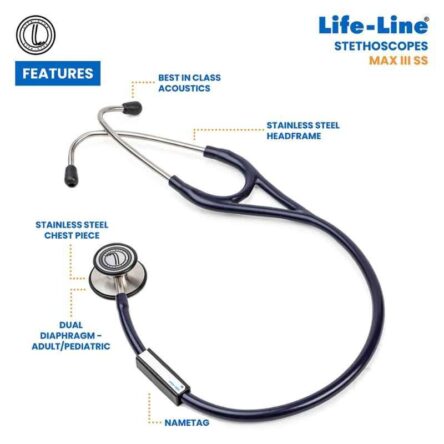 Lifeline Max III Stainless Steel Blue Dual Side Diaphragm Chest Piece Stethoscope with 2 Way Tube