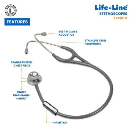 Lifeline Excel-II Stainless Steel Grey Chest Piece Stethoscope with 2 Way Tube
