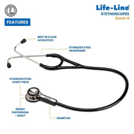 Lifeline Excel-II Stainless Steel Black Chest Piece Stethoscope with 2 Way Tube