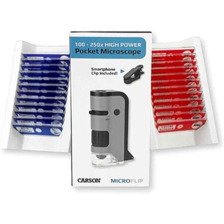 Carson MicroFlip MP-250BUN 100-250X Plastic Grey LED & UV Lighted Pocket Microscope & 24 Pcs Prepared Slides Set