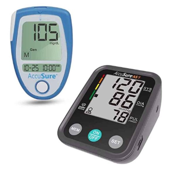 AccuSure Automatic Blood Pressure Monitor & Blue Glucometer Machine with 25 Test Strips Combo