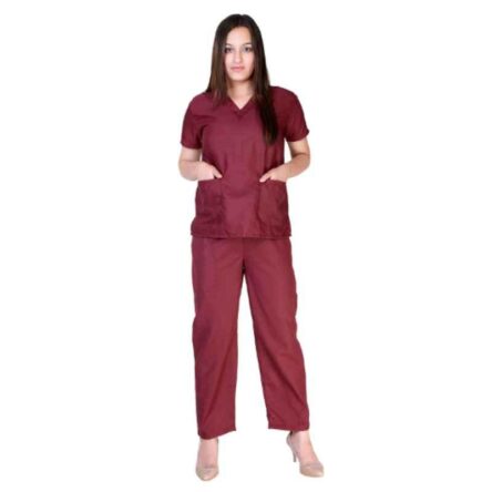 Saraf Cotton Maroon Medical V Neck Scrub Suit