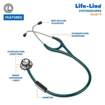 Lifeline Excel-II Stainless Steel Green Chest Piece Stethoscope with 2 Way Tube