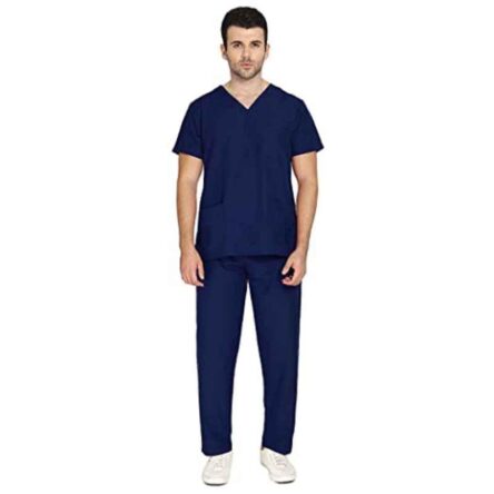 Indosurgicals Polyester & Cotton Navy Blue Faux Wrap Scrub Suit