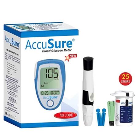 AccuSure Automatic Blood Pressure Monitor & Blue Glucometer Machine with 25 Test Strips Combo