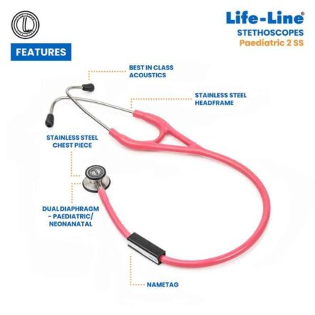 Lifeline Stainless Steel Pink Dual Diaphragm Chest Piece Stethoscope with 2 Way Tube