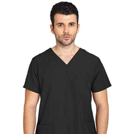 Indosurgicals Polyester & Cotton Black Faux Wrap Scrub Suit