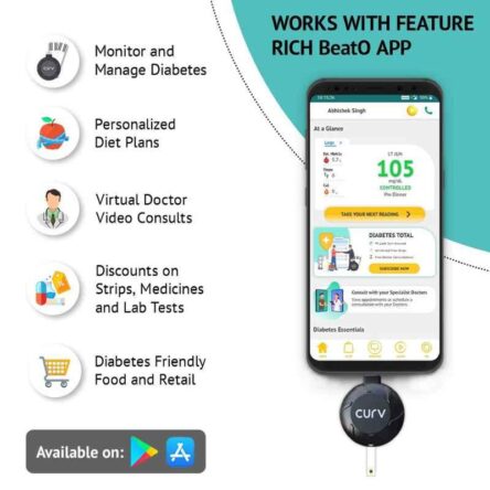 BeatO CURV Smartphone Connected Glucometer Machine with 50 Strips & 50 Lancets with Micro USB C Type Interface