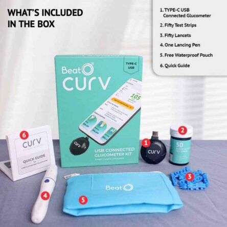 BeatO CURV Smartphone Connected Glucometer Machine with 50 Strips & 50 Lancets with Micro USB C Type Interface