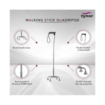 Tynor Steel & Aluminium Alloy Silver Quadripod Walking Stick