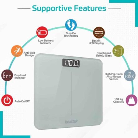 BeatXP Gravity Elite 180kg Tempered Glass White Digital Weighing Scale